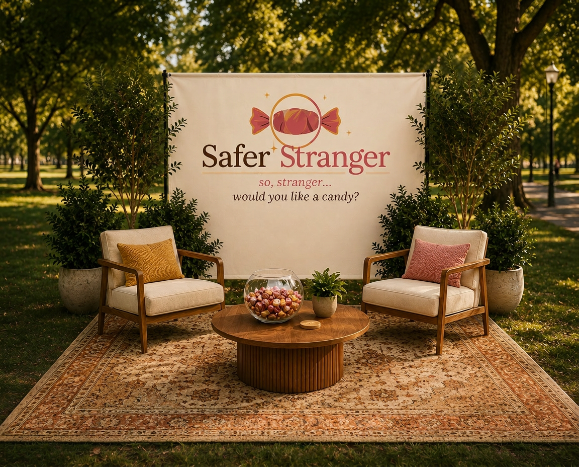 The Safer Stranger set: a backdrop in a park with the brand wordmark, two cream armchairs facing each other, a round wooden coffee table holding a glass jar of wrapped candies, and a small potted plant, all on a warm patterned rug under shade trees.